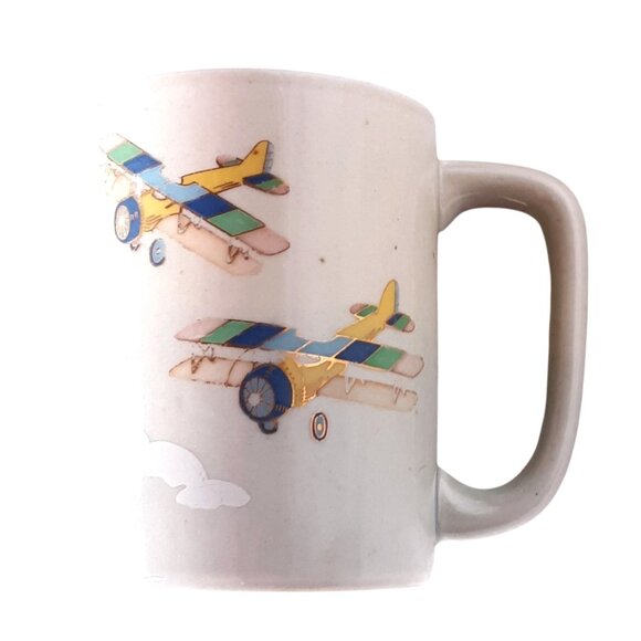 Set Of 2 Otagiri Coffee Mugs Vintage Biplane Design Beige Tones & Cloud Accents - Picture 2 of 8